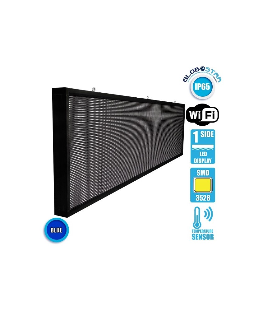 GLOBOSTAR® DISPLAY 90293 Κυλιόμενη Ψηφιακή Επιγραφή P10 Μονής Όψης LED AC 220-240V Αδιάβροχο IP65 Μπλε - WiFi Control μέσω FK APP - Αισθητήρας Θερμοκρασίας & Υγρασίας - Μ264 x Π9 x Υ72cm - 2 Χρόνια Εγγύηση